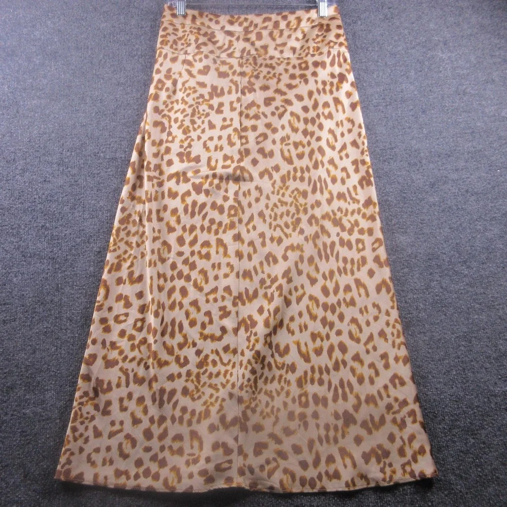Free People Skirt Womens 8 Brown Leopard Satin Maxi Animal Print Party‎ Casual